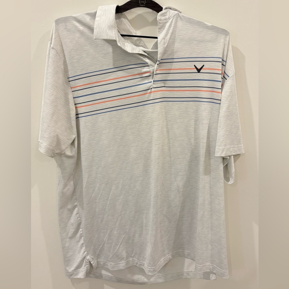 Callaway White Polo with Blue and Orange Stripes